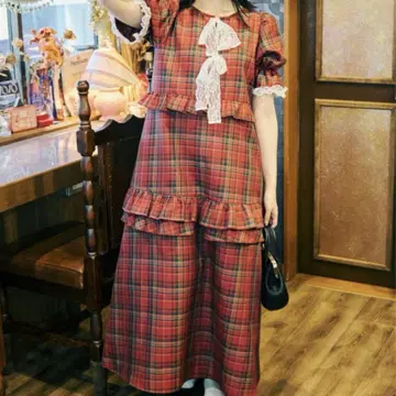 [쿠티르와 레트로] 레이스 리본 체크 프릴 원피스