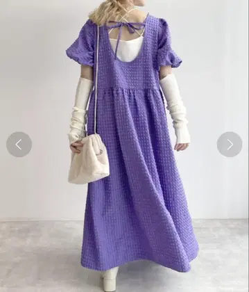 w closet 더블 크로 백 리본 퍼프 슬리브 원피스 롱 퍼플