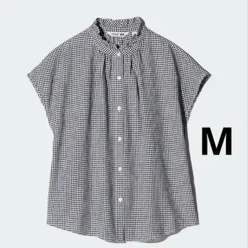 유니클로 코토니에 린넨 블렌드 프릴 블라우스 체크
