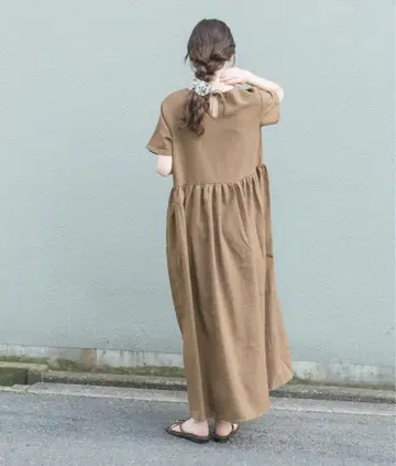 브라운 반팔 셔츠 원피스 롱