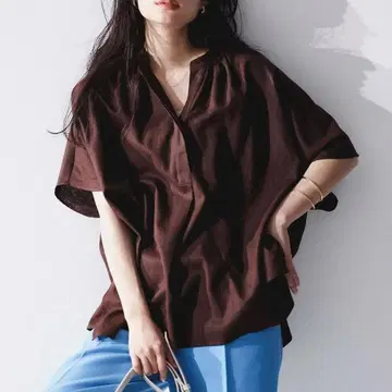 택 포함 UNFILO 린넨 레이온 스키퍼 셔츠 브라운 M