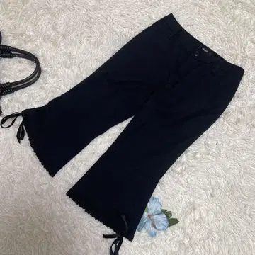 컨디션 최상 핑크하우스 캐주얼 팬츠 블랙 크롭 밑단 레이스 리본 S