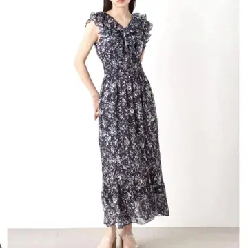 새상품 M 플리츠 프릴 원피스 롱 슬리브리스 쉬폰 네이비