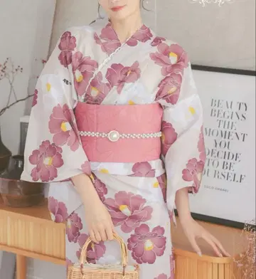 꽃무늬 핑크 유카타 레이스 카라 부착