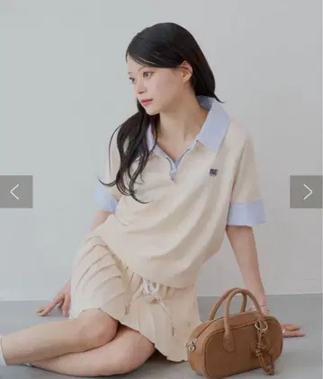 Chico 자수 카라 부착 폴로 니트 5부 소매 아이보리