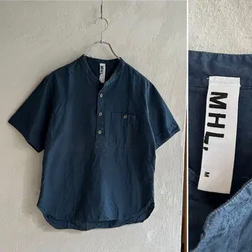 새상품급 MHL. 코튼 린넨 풀오버 밴드 카라 셔츠 네이비