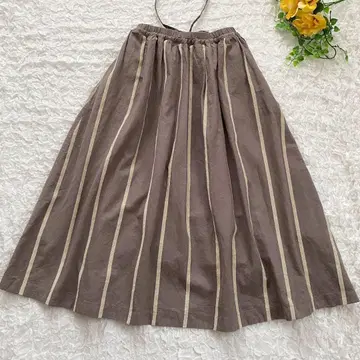 SUN VALLEY 면 린넨 몰사 보더 개더 스커트