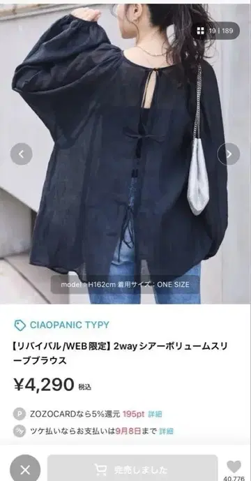 CIAOPANIC TYPY 2way 시어 볼륨 슬리브 블라우스 블랙