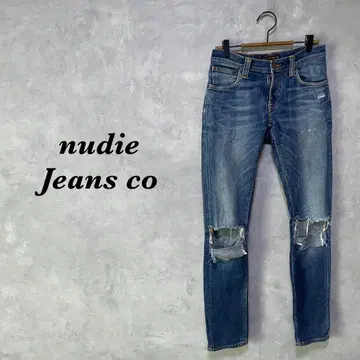 nudie Jeans 스키니 청바지 데미지 가공 라이트 블루 4069