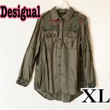 데시구알 비대칭 셔츠 스팽글 카키 긴팔 카라 부착 XL