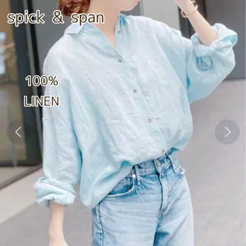 스픽 앤 스팬 린넨 빅 셔츠 린넨 루즈한 스카이블루 오버 사이즈 F