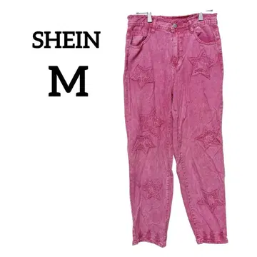 SHEIN 핑크 별 자수 데님 팬츠 [M] 밑단 데미지 청바지 바지
