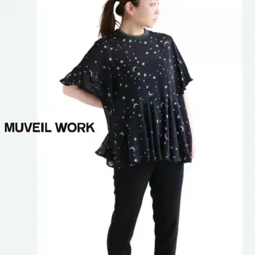 MUVEIL WORK 스타 프린트 T 블라우스 쉬폰 별 패턴 네이비 M