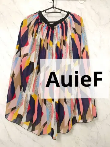 AuieF 아위프 기하학 패턴 플리츠 플레어 스커트 멀티 컬러 핑크
