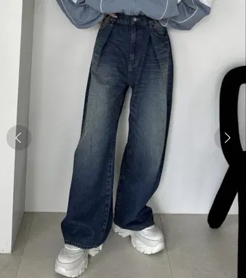 지나시스 턱 데님 와이드 팬츠 M 데님 청바지 블루 네이비