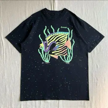 art vintage 물고기 빅 프린트 전면 멀티 컬러 스플래쉬 티셔츠