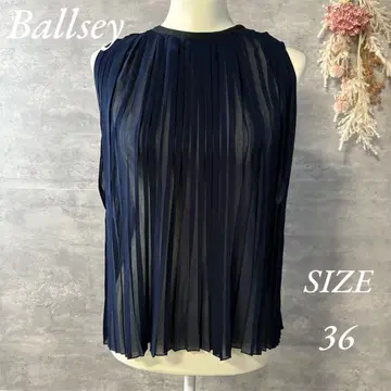 Ballsey 쉬폰 플리츠 블라우스 슬리브리스 네이비 실크 혼방 36