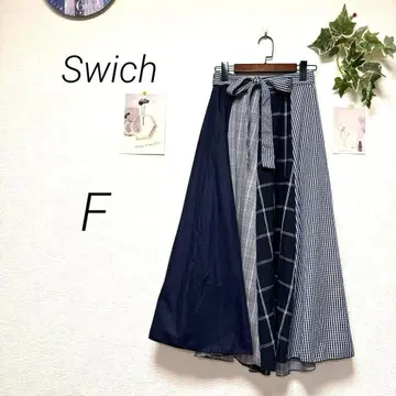 9195-1 Swich 패치워크 롱 플레어 스커트 허리 리본 F