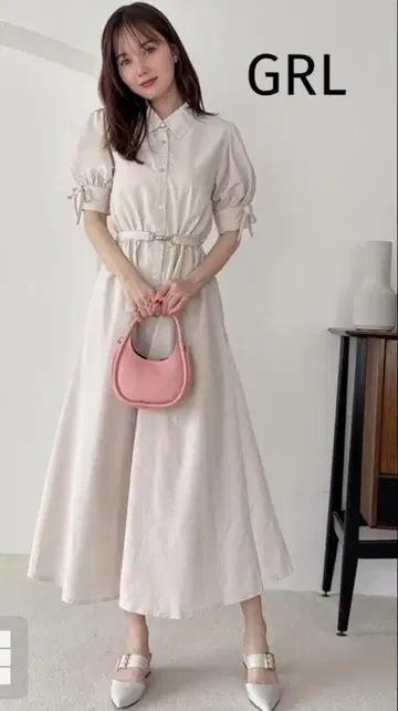 GRL 비트 벨트 리본 플레어 롱 원피스 원피스 오프 베이지 S