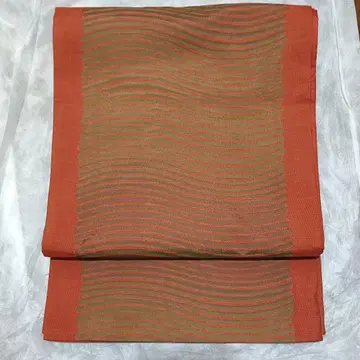 키야타 전통 후쿠로 오비, 명주 원단, 물결 무늬, 주홍색, 그린~브라운