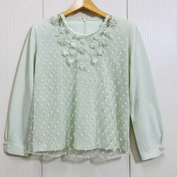 헤포코 선생님 레이온 레이스 플라워 모티브 긴팔 블라우스