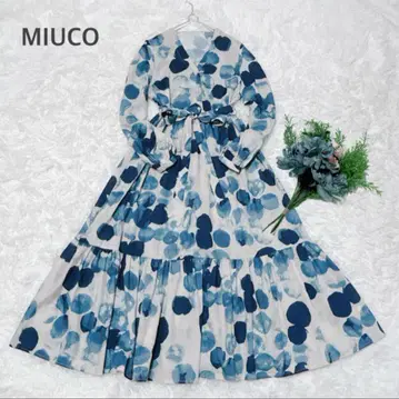 MIUCO 티어드 롱 셔츠 원피스 리본 벨트 도트 무늬 블루