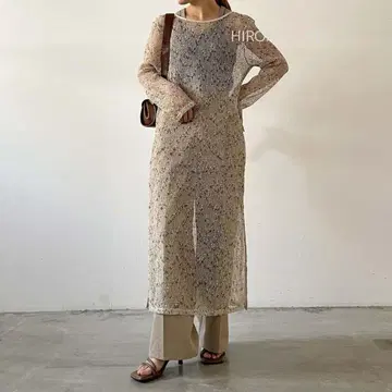 컷 메쉬 백 오픈 원피스 베이지 비침 레이어드 슬릿