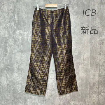 ICB 새틴 체크 팬츠 M 새상품 광택 슬림 레그