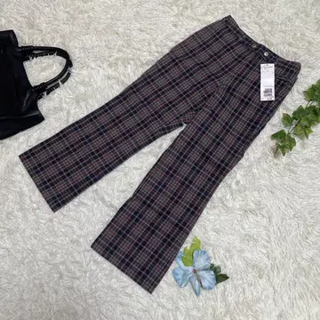 미사용 새상품 DKNY 캐주얼 팬츠 체크 빨간색 네이비 면 크롭 XS