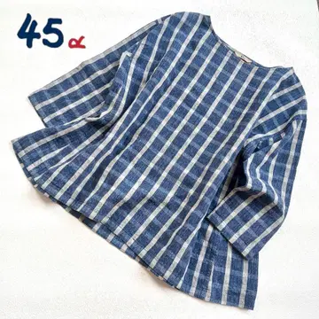 45R 45R 린넨 100% 인디고 체크 무늬 블라우스
