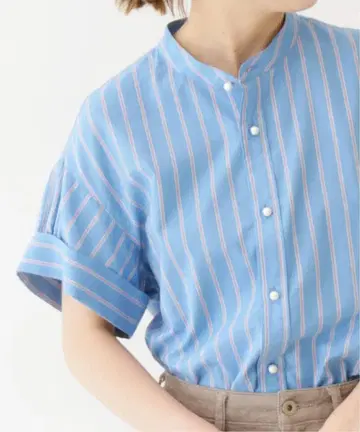 Spick&Span 코튼 실크 펄 버튼 턱 슬리브 셔츠 블루