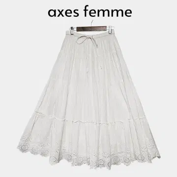 axes femme 티어드 롱 플레어 스커트 코튼 자수 M