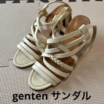 genten 화이트 스트랩 샌들 미들 힐 우드