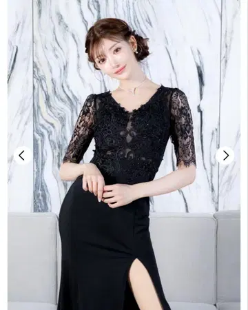 DAZZY 플라워 자수 시어 레이스 오분 소매 슬릿 타이트 롱 드레스