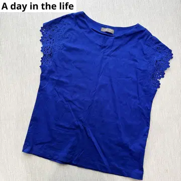 A day in the life 파랑 로얄 블루 레이스 소매 티셔츠 자수