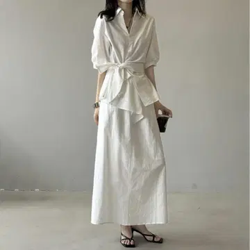 프렌치 엘레강스 린넨 소재 허리 리본 셔츠 + 종아리 기장 스커트
