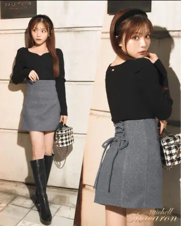 michell 마카롱 허리 슬림 레그 울 스커트