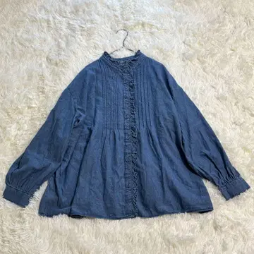코튼 100% 데님 블라우스 긴팔 셔츠 핀턱 프릴 블루 L