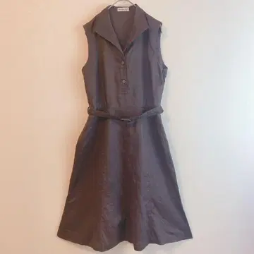 (L) 슬리브리스 원피스 린넨 100% 오픈 카라 허리 벨트