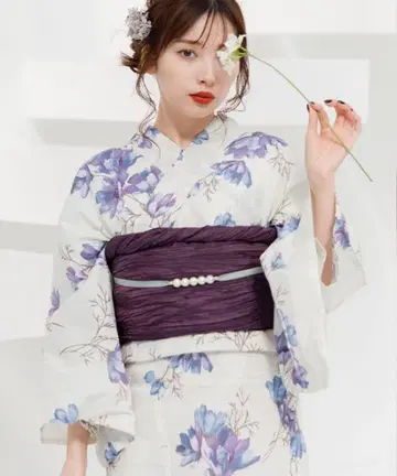 보라색 꽃무늬 유카타 단품