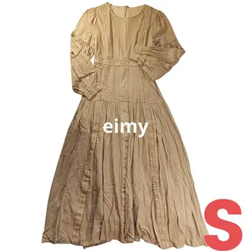 eimy 에이미 고급 레이스 볼륨 소매 롱 원피스 베이지 긴팔