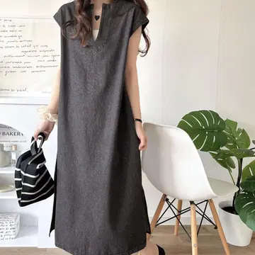 면 100% 카프탄 스타일 사이드 슬릿 앞뒤 2way 데님 원피스