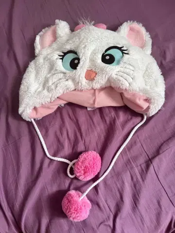 고양이 캐릭터 모자 플리스 화이트 핑크