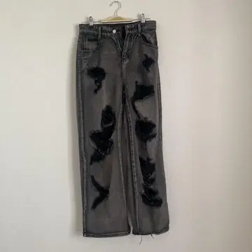 데미지 가공 그레이 와이드 레그 데님 팬츠