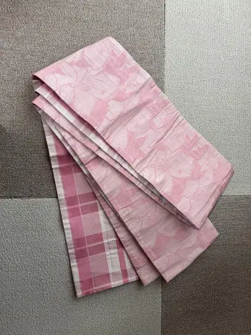 핑크 꽃무늬 체크 반폭 오비 나츠마츠안