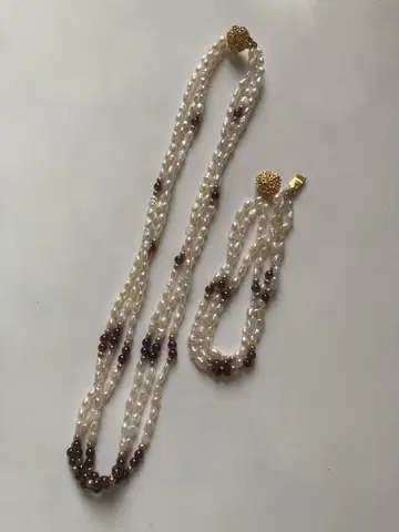 담수 진주 목걸이 멀티 스트랜드 팔찌 포함 43cm