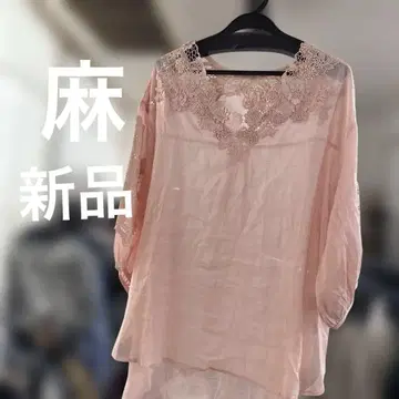 린넨 소재! 레이스 장식 핑크 오리 소매 튜닉 블라우스 새상품