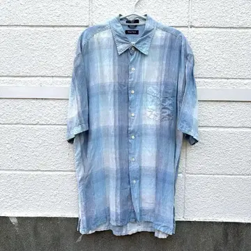 NAUTICA 반팔 셔츠 2XL 100% 린넨 체크 무늬 구제 의류