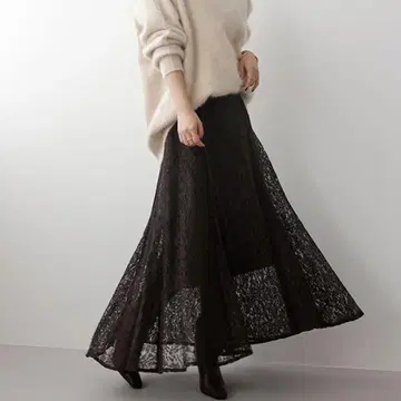 anuans 코드 레이스 파이핑 플레어 스커트 롱 S