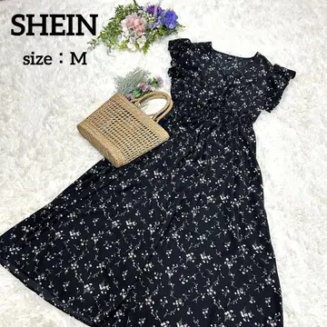 SHEIN 꽃무늬 장미 무늬 프릴 소매 V 넥 반팔 원피스 블랙 M